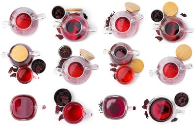 Image of Hibiscus tea and dried calyces isolated on white, set, Top view