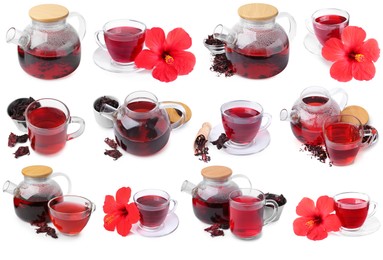 Image of Hibiscus tea, fresh flowers and dried calyces isolated on white, set