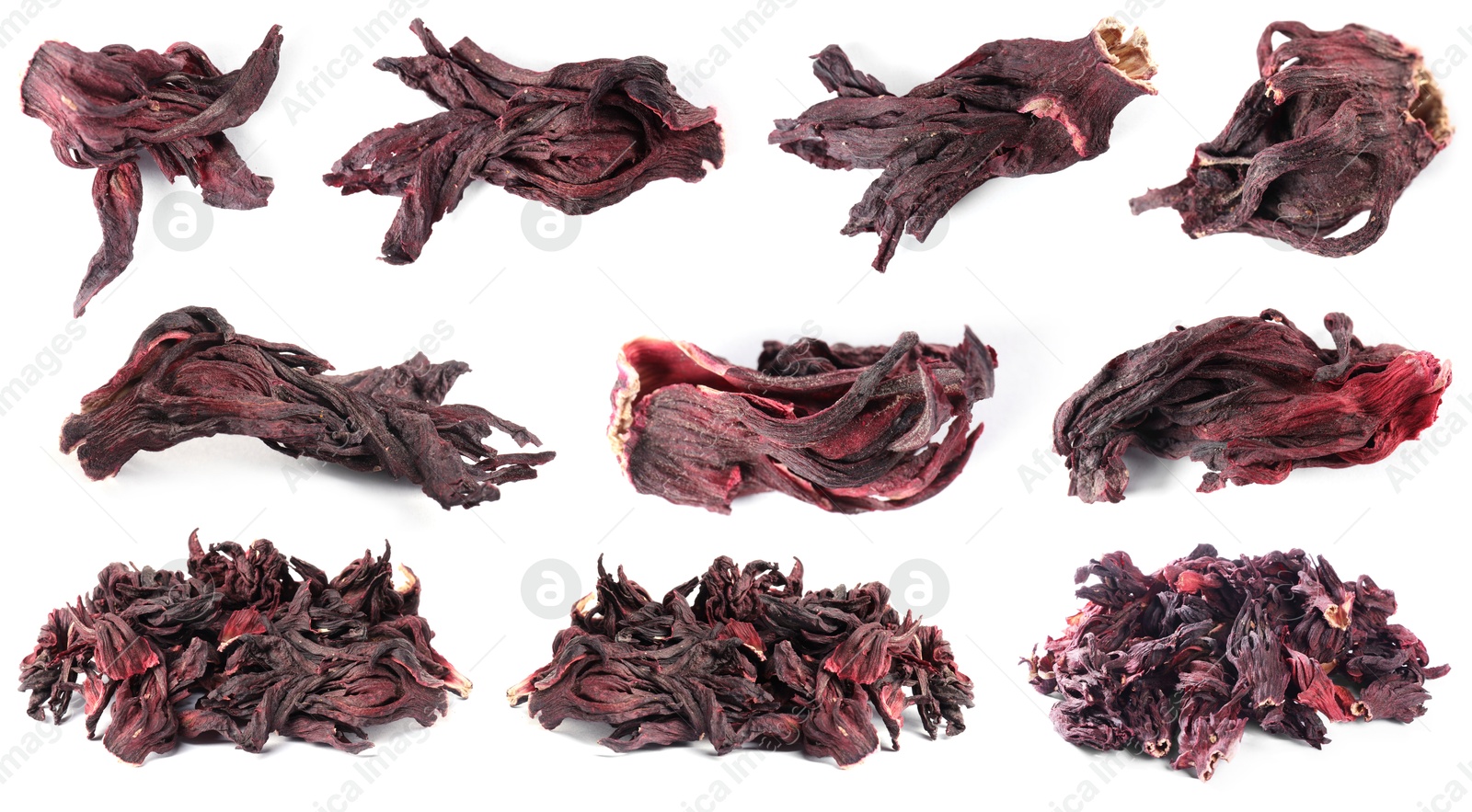 Image of Hibiscus tea. Dried calyces isolated on white, set