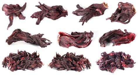 Image of Hibiscus tea. Dried calyces isolated on white, set