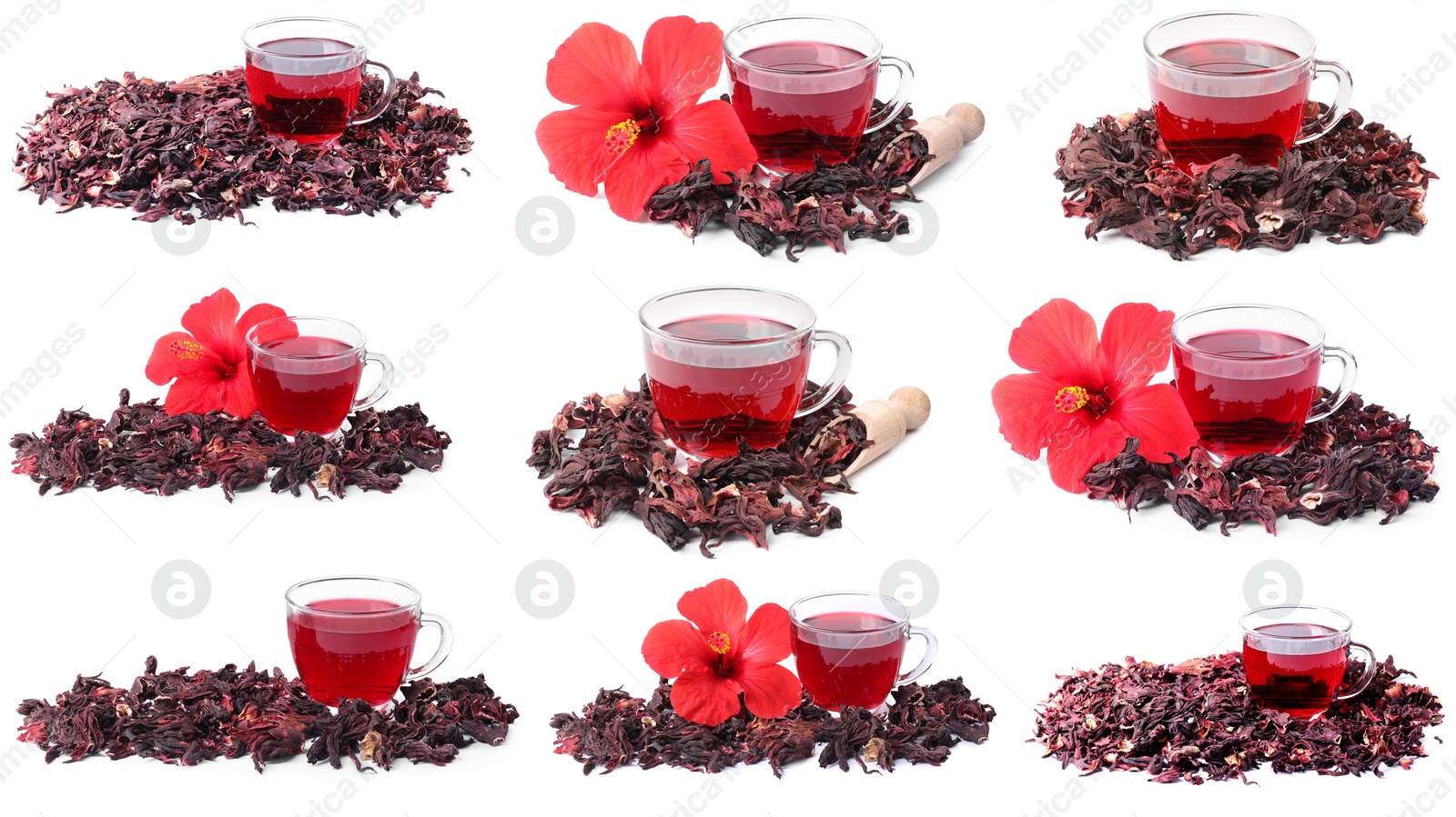Hibiscus tea, fresh flowers and dried calyces isolated on white, set Image of Hibiscus tea, fresh flowers and dried calyces isolated on white, set