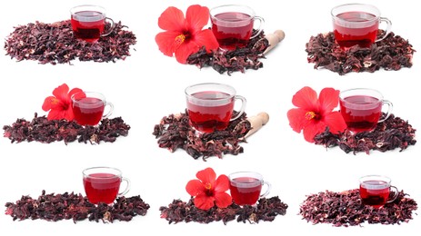 Image of Hibiscus tea, fresh flowers and dried calyces isolated on white, set