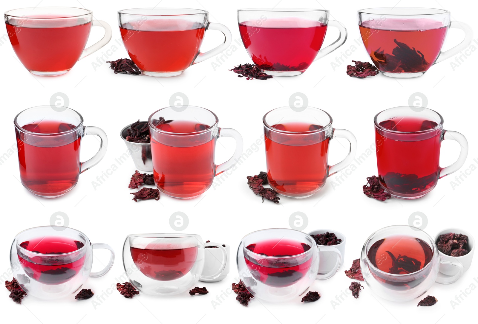 Hibiscus tea in glass cups and dried calyces isolated on white, set Image of Hibiscus tea in glass cups and dried calyces isolated on white, set