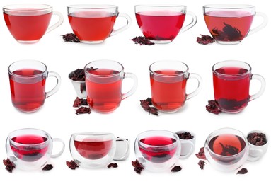 Image of Hibiscus tea in glass cups and dried calyces isolated on white, set