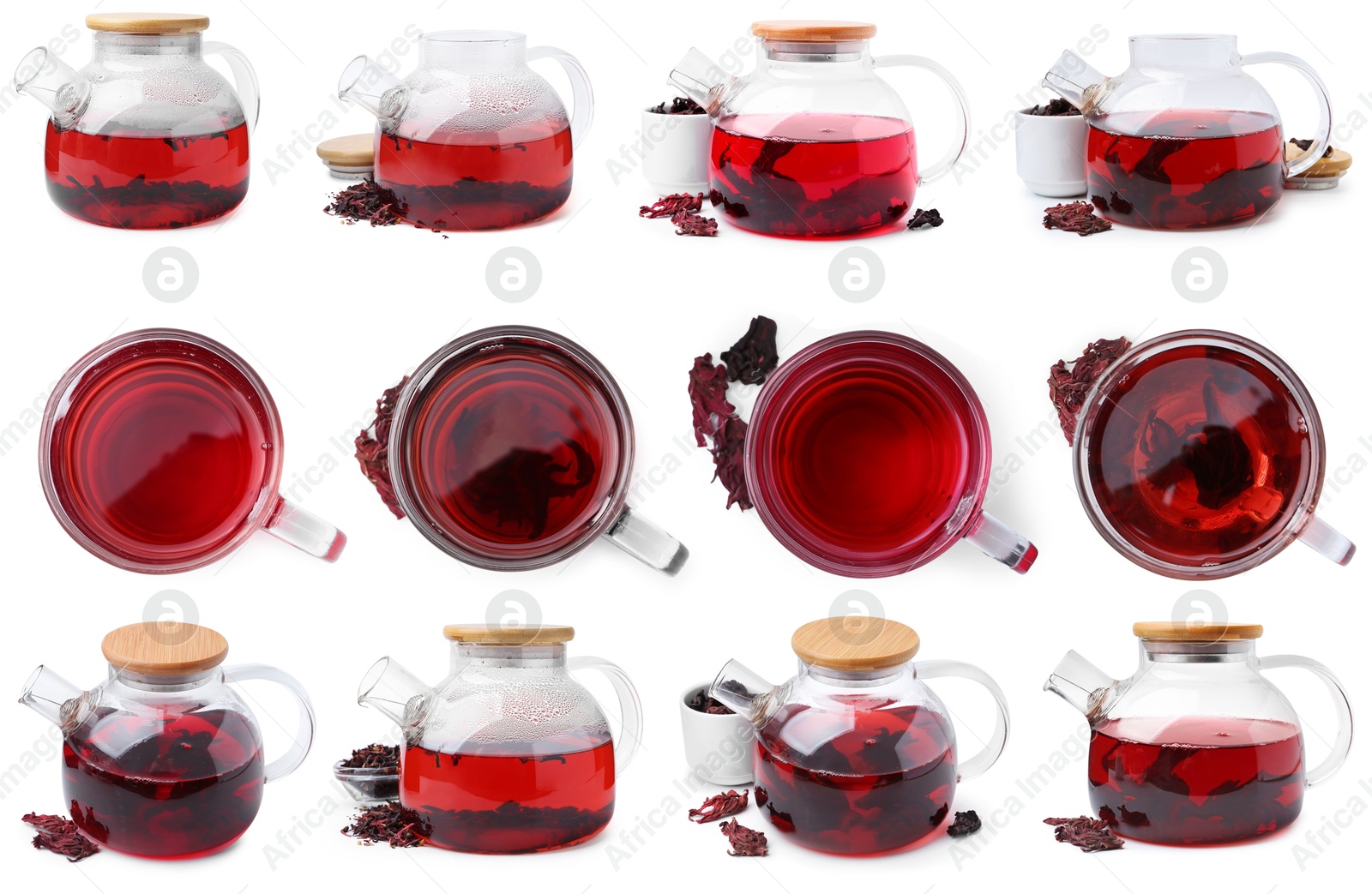 Hibiscus tea and dried calyces isolated on white, set Image of Hibiscus tea and dried calyces isolated on white, set