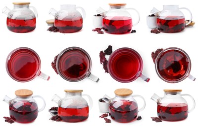 Image of Hibiscus tea and dried calyces isolated on white, set