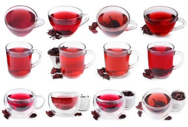 Image of Hibiscus tea in glass cups and dried calyces isolated on white, set