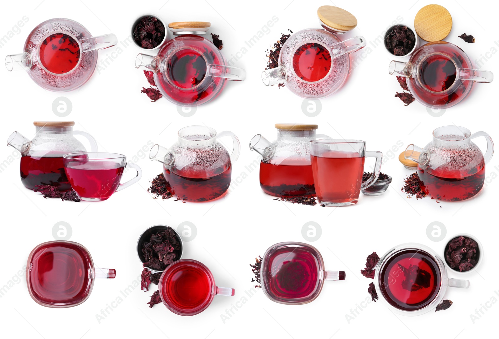 Hibiscus tea and dried calyces isolated on white, set Image of Hibiscus tea and dried calyces isolated on white, set