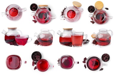Image of Hibiscus tea and dried calyces isolated on white, set