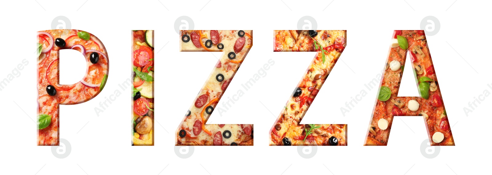 Word Pizza made of letters with different pizzas inside on white background. Banner design Image of Word Pizza made of letters with different pizzas inside on white background. Banner design