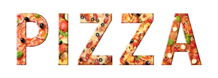 Image of Word Pizza made of letters with different pizzas inside on white background. Banner design