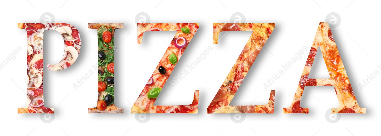 Word Pizza made of letters with different pizzas inside on white background. Banner design Image of Word Pizza made of letters with different pizzas inside on white background. Banner design