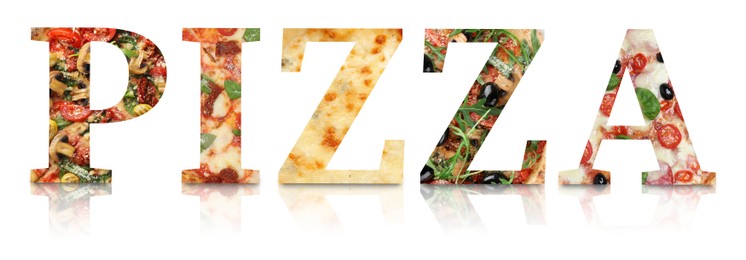 Image of Word Pizza made of letters with different pizzas inside on white background. Banner design