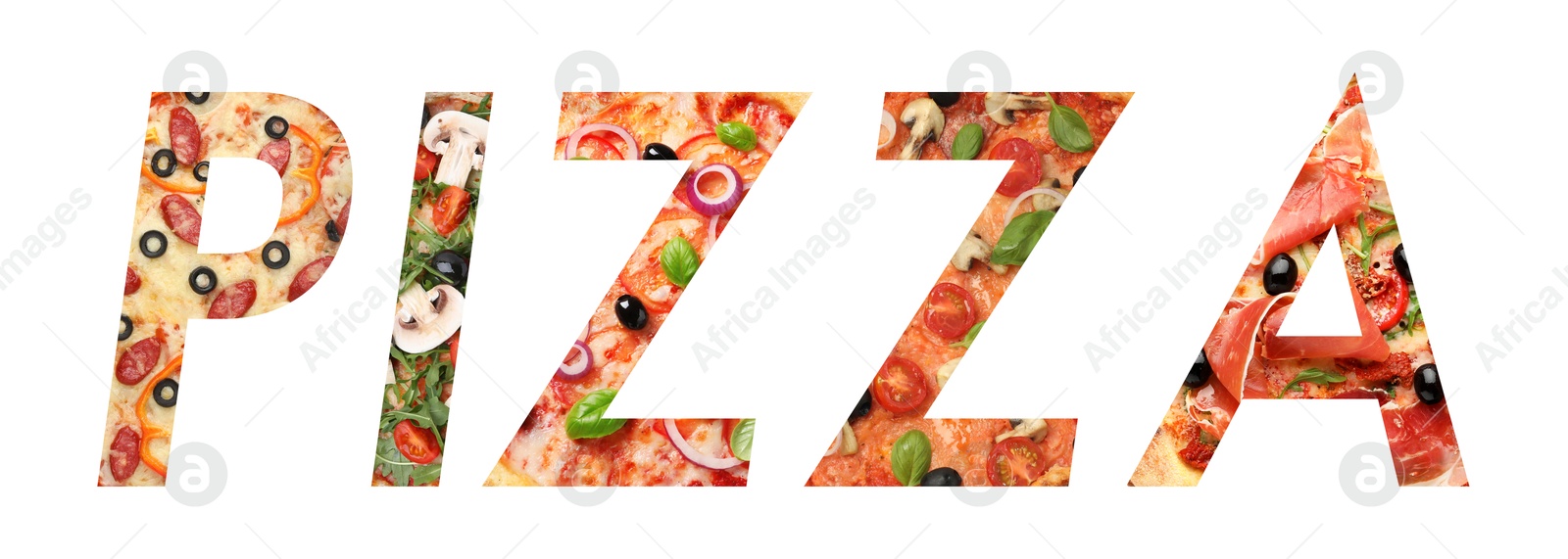 Word Pizza made of letters with different pizzas inside on white background. Banner design Image of Word Pizza made of letters with different pizzas inside on white background. Banner design