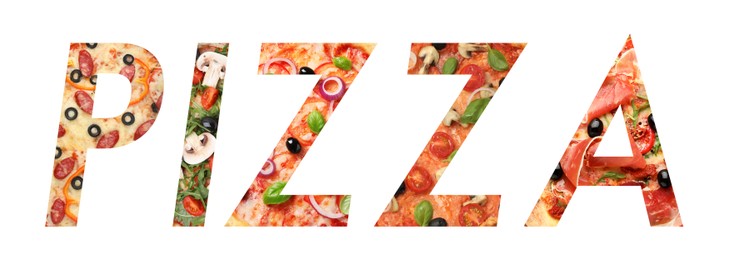 Image of Word Pizza made of letters with different pizzas inside on white background. Banner design