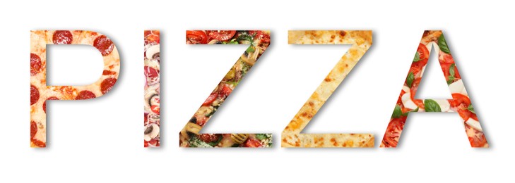 Image of Word Pizza made of letters with different pizzas inside on white background. Banner design