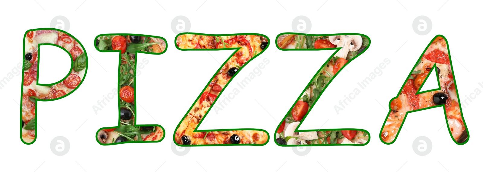 Word Pizza made of letters with different pizzas inside on white background. Banner design Image of Word Pizza made of letters with different pizzas inside on white background. Banner design