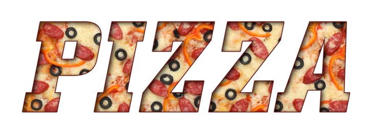 Image of Word Pizza made of letters with pizza inside on white background. Banner design