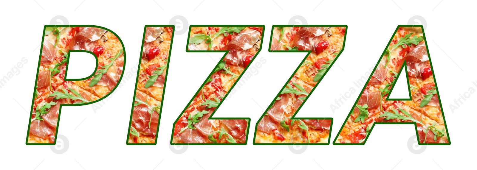 Word Pizza made of letters with pizza inside on white background. Banner design Image of Word Pizza made of letters with pizza inside on white background. Banner design