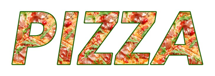 Image of Word Pizza made of letters with pizza inside on white background. Banner design