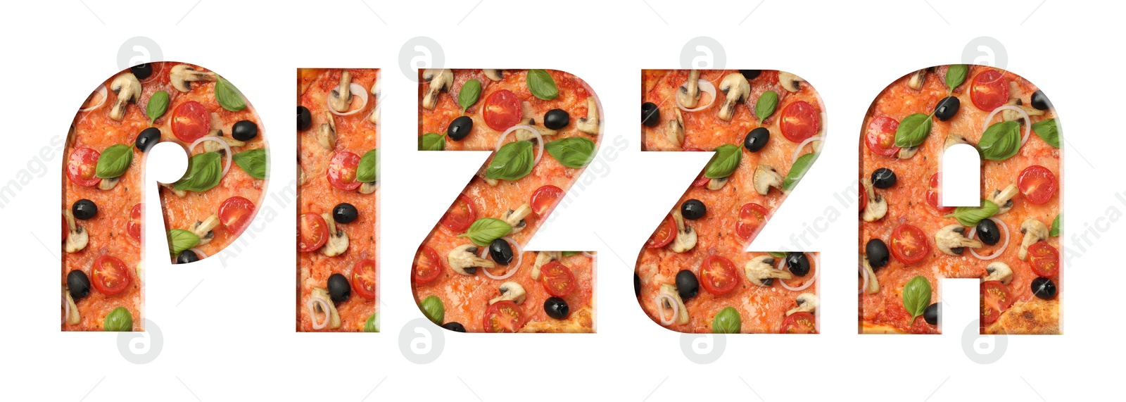 Word Pizza made of letters with pizza inside on white background. Banner design Image of Word Pizza made of letters with pizza inside on white background. Banner design
