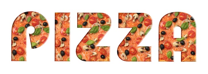 Image of Word Pizza made of letters with pizza inside on white background. Banner design