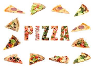Image of Pieces of different delicious pizzas and word on white background
