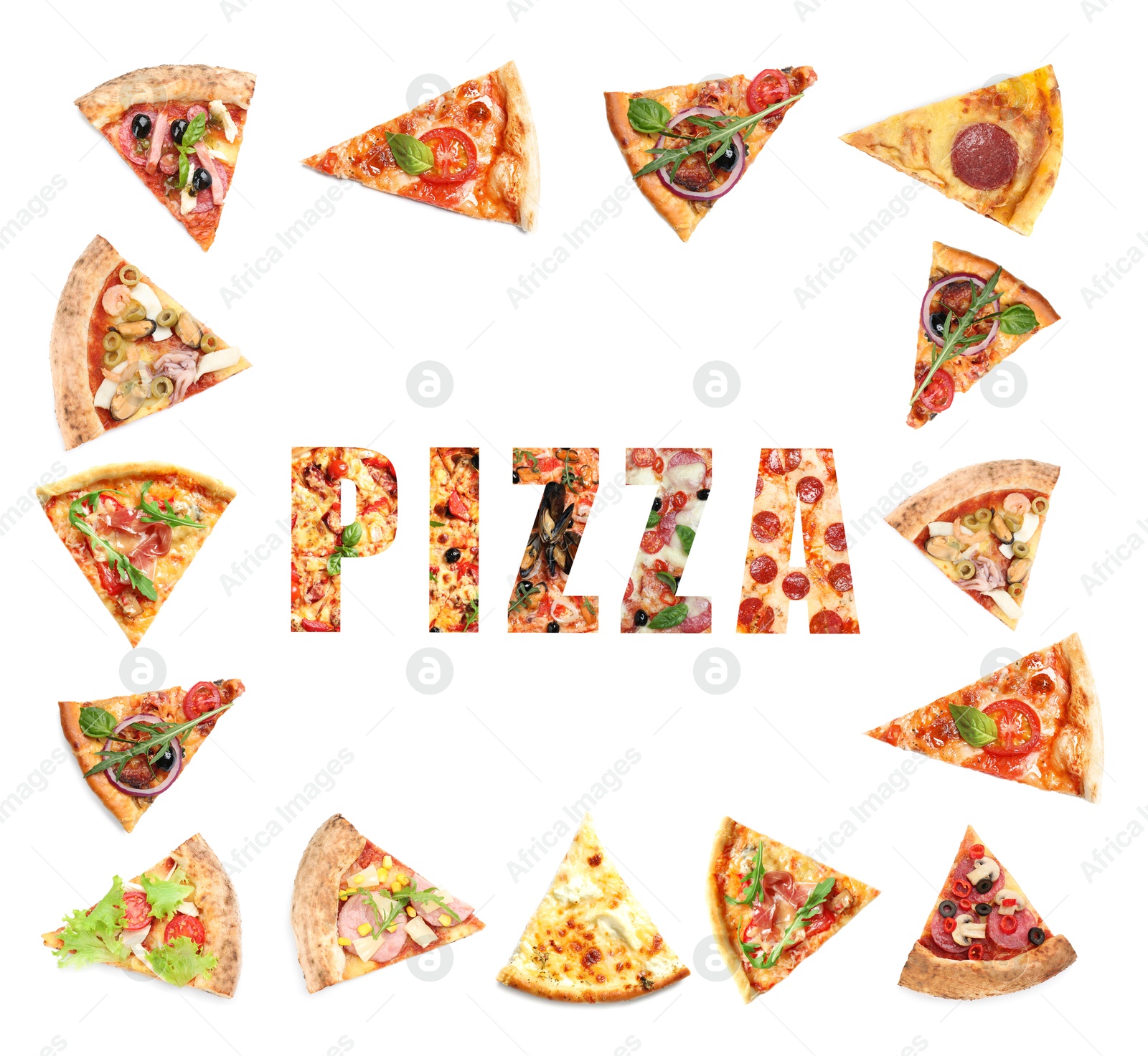 Pieces of different delicious pizzas and word on white background Image of Pieces of different delicious pizzas and word on white background