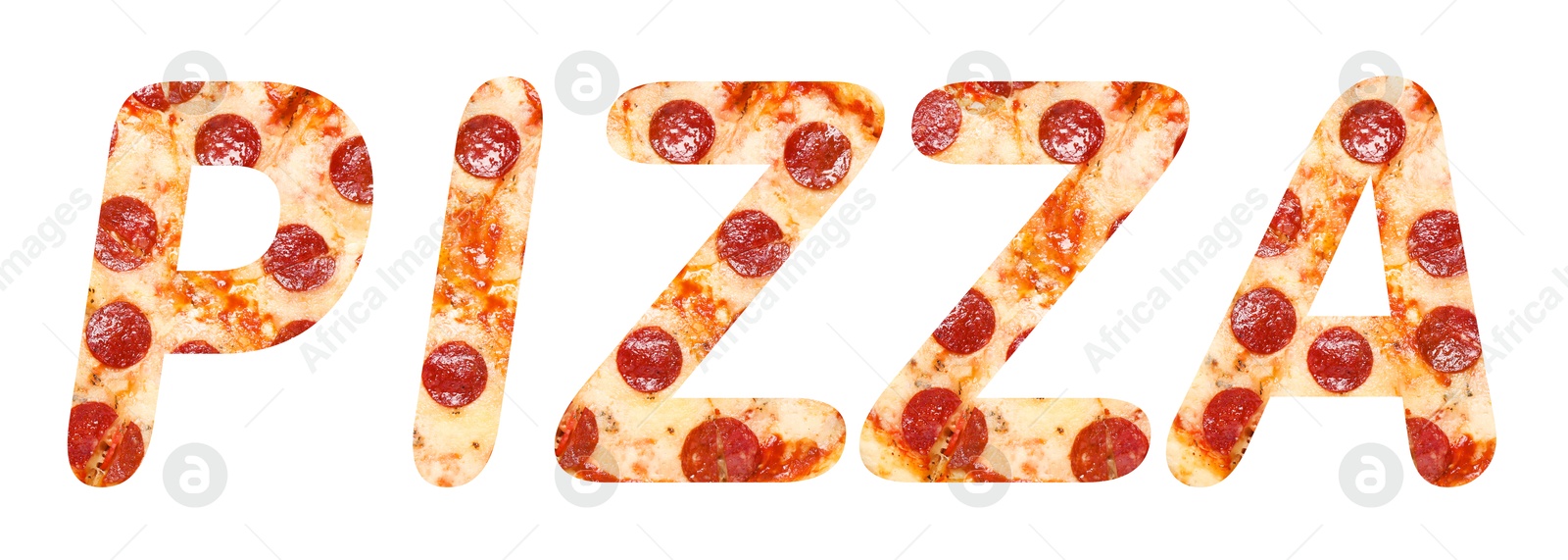Word Pizza made of letters with pizza inside on white background. Banner design Image of Word Pizza made of letters with pizza inside on white background. Banner design