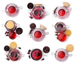 Image of Hibiscus tea and dried calyces isolated on white, set, Top view