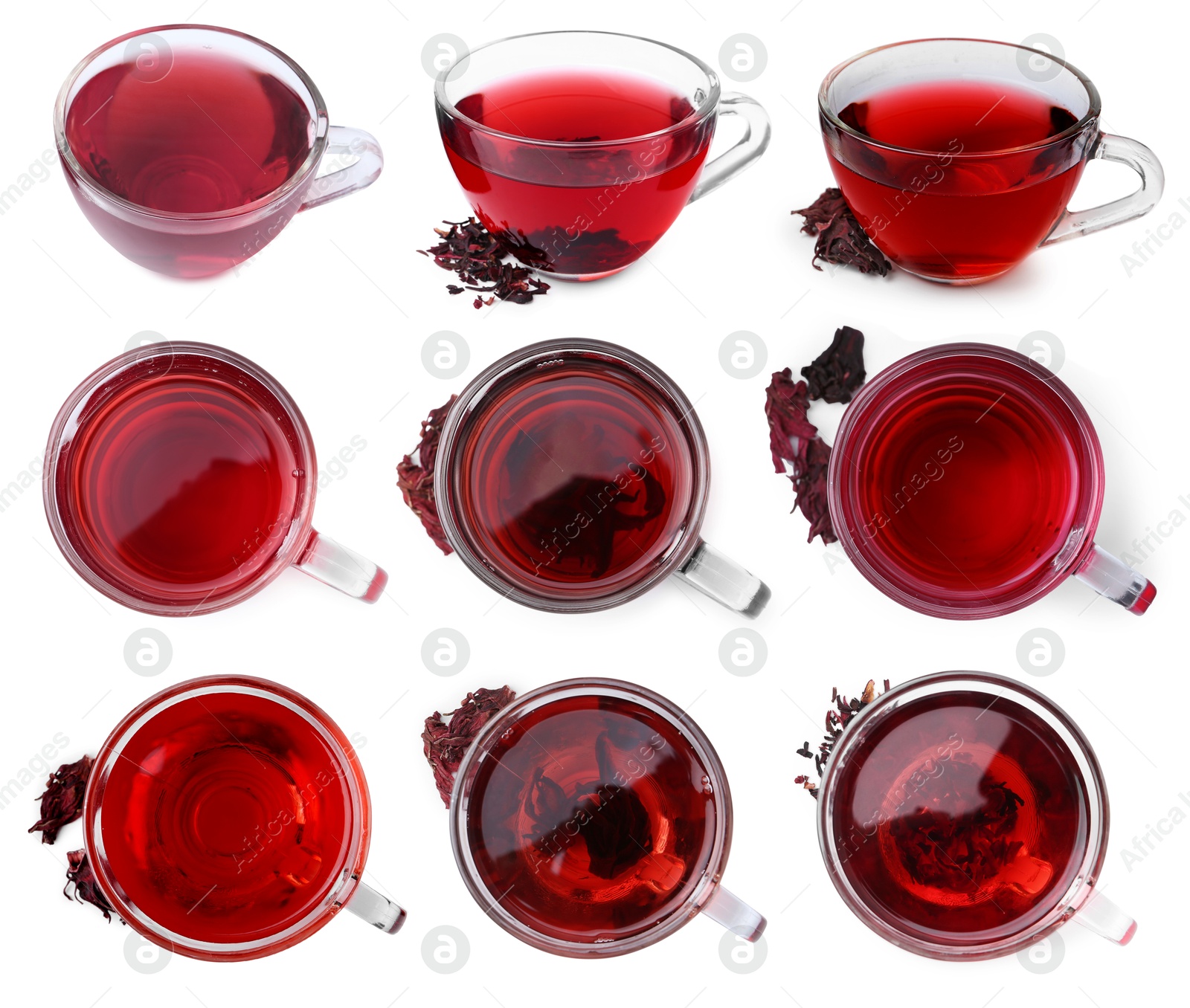 Hibiscus tea in glass cups and dried calyces isolated on white, set Image of Hibiscus tea in glass cups and dried calyces isolated on white, set