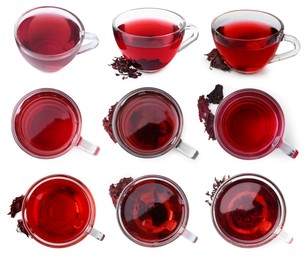 Image of Hibiscus tea in glass cups and dried calyces isolated on white, set