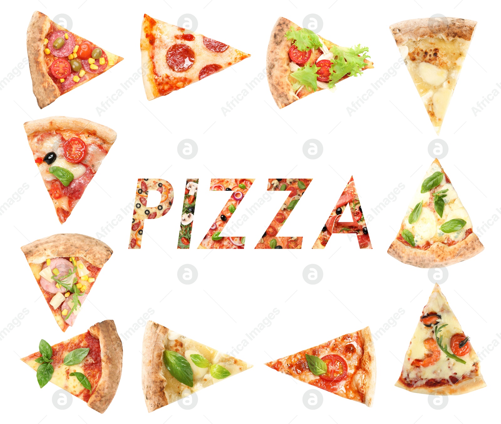 Pieces of different delicious pizzas and word on white background Image of Pieces of different delicious pizzas and word on white background