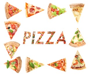 Image of Pieces of different delicious pizzas and word on white background