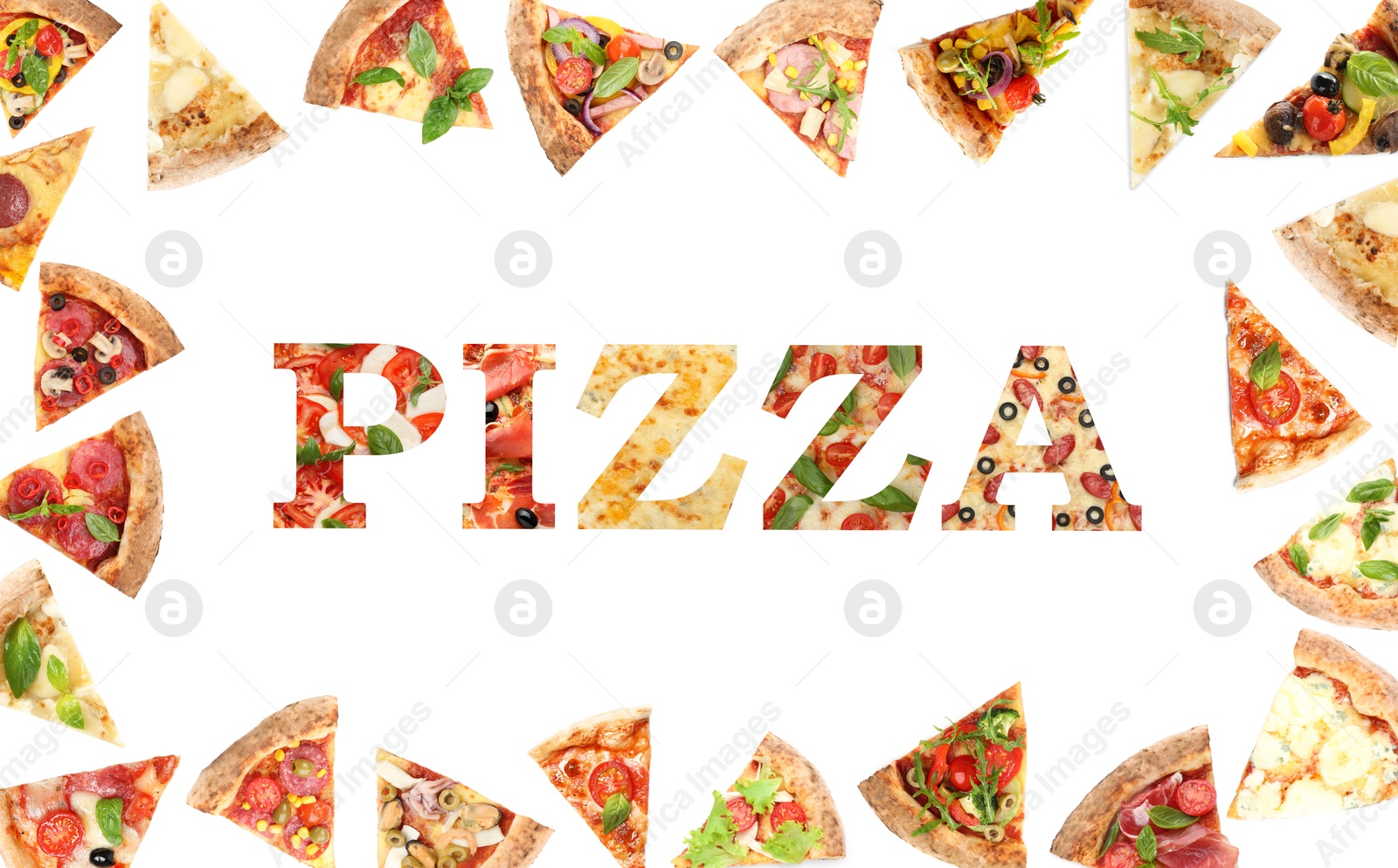 Pieces of different delicious pizzas and word on white background Image of Pieces of different delicious pizzas and word on white background
