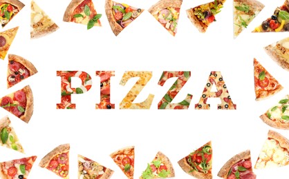 Image of Pieces of different delicious pizzas and word on white background