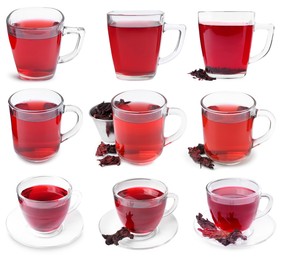 Image of Hibiscus tea in glass cups and dried calyces isolated on white, set