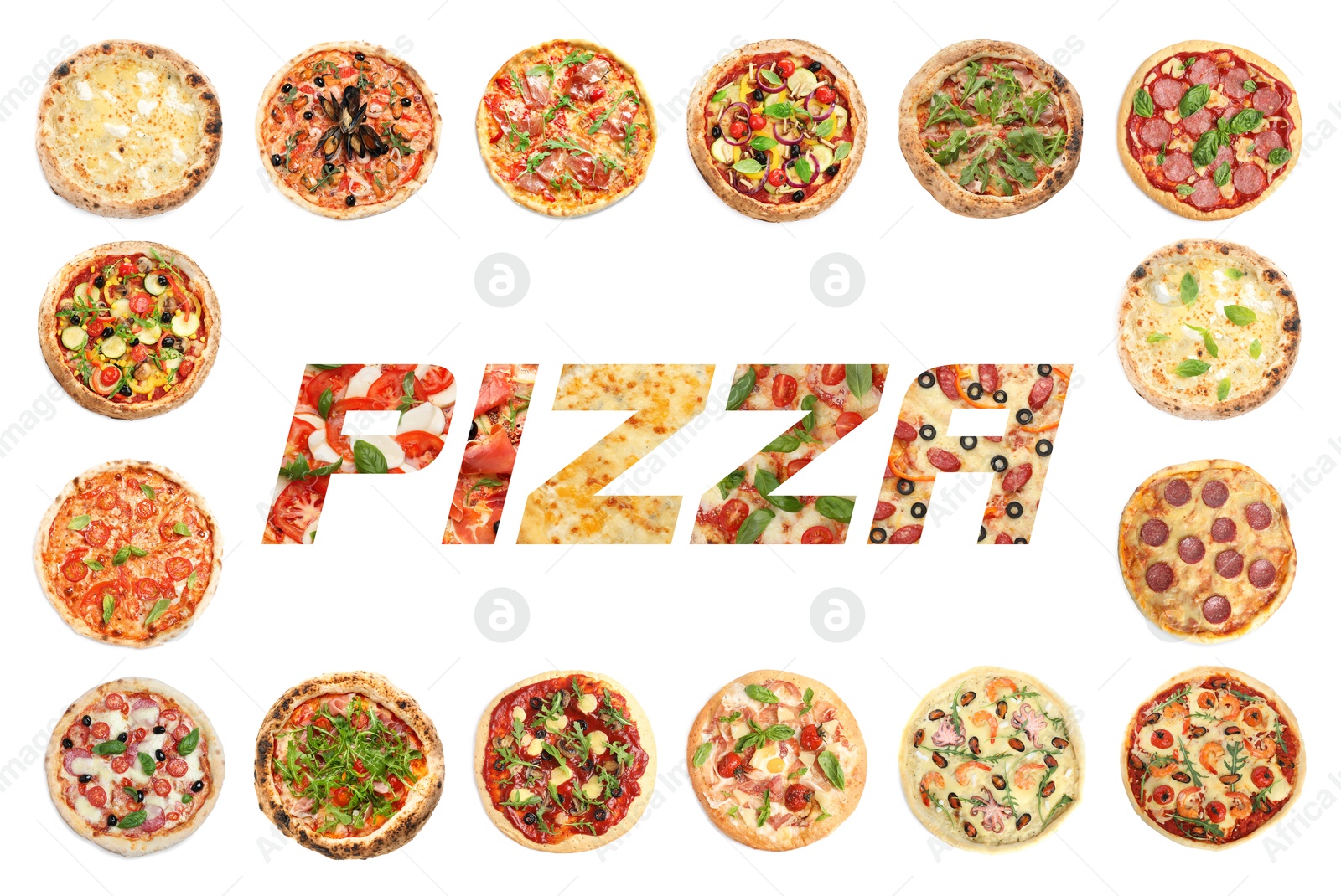Different delicious pizzas and word on white background Image of Different delicious pizzas and word on white background