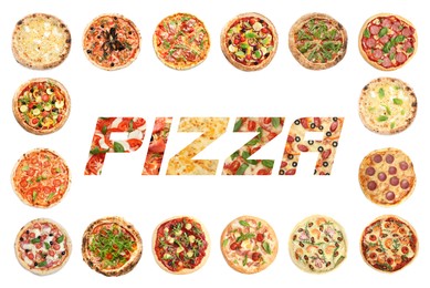 Image of Different delicious pizzas and word on white background