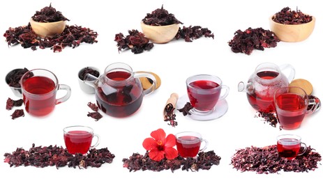 Image of Hibiscus tea, fresh flower and dried calyces isolated on white, set
