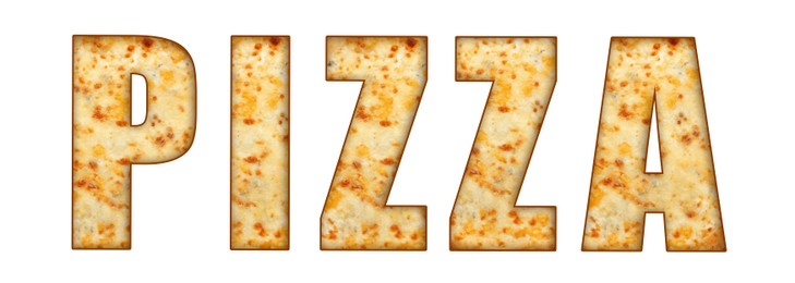 Image of Word Pizza made of letters with pizza inside on white background. Banner design