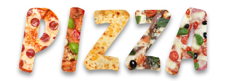 Image of Word Pizza made of letters with different pizzas inside on white background. Banner design