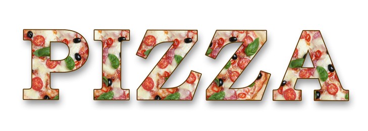 Image of Word Pizza made of letters with pizza inside on white background. Banner design