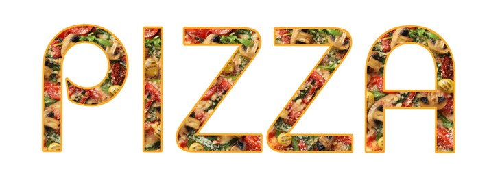 Image of Word Pizza made of letters with pizza inside on white background. Banner design