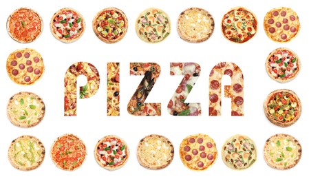 Image of Different delicious pizzas and word on white background