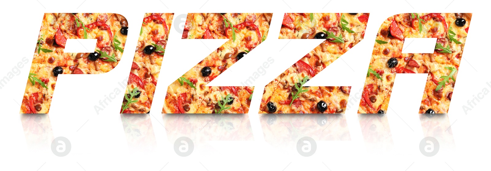 Word Pizza made of letters with pizza inside on white background. Banner design Image of Word Pizza made of letters with pizza inside on white background. Banner design