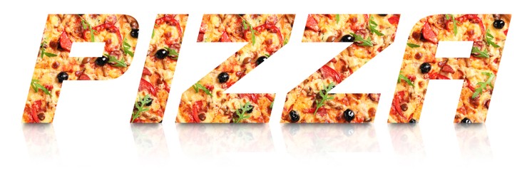 Image of Word Pizza made of letters with pizza inside on white background. Banner design