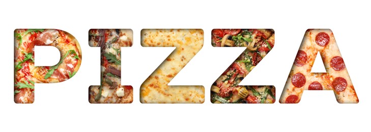 Image of Word Pizza made of letters with different pizzas inside on white background. Banner design