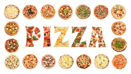 Image of Different delicious pizzas and word on white background