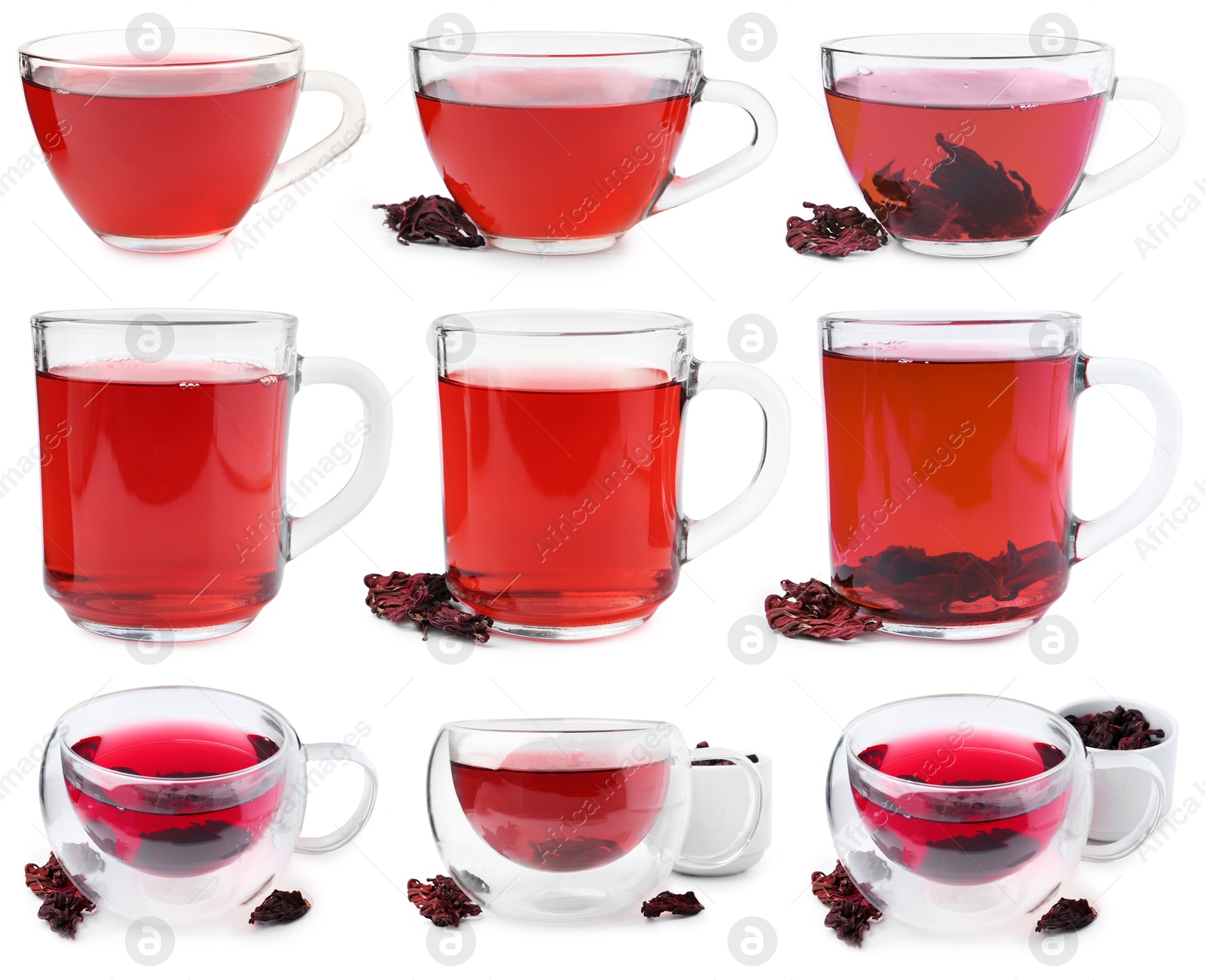 Image of Hibiscus tea in glass cups and dried calyces isolated on white, set